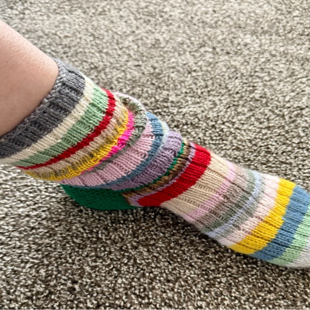 Women’s Scrappy Wool Socks Rainbow Striped Hand Knit - Picture 7 of 7